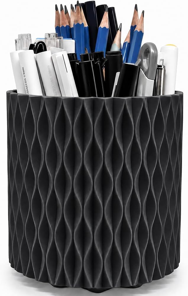 Lebenrich Aesthetic Black Pen Holder for Desk, Rotating Plastic Desk Pencil Holder Organizer for Home School Office