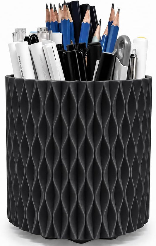 Lebenrich Aesthetic Black Pen Holder for Desk, Rotating Plastic Desk Pencil Holder Organizer for Home School Office