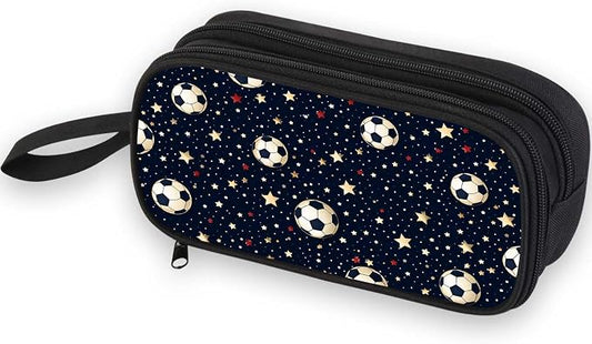 Firmiso Kids Pencil Case, Soccer Star Pattern, Large Capacity Double Zipper Pencil Pouch with Compartments, Durable Polyester Stationery Organizer, Pen Case for Boys Girls Students