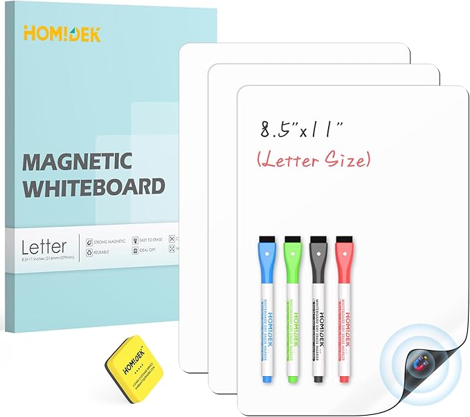 HOMiDEK Dry Erase Boards for Fridge - 3 Pack Small Magnetic Whiteboard with 4 Markers & 1 Eraser, Reusable Blank Magnet White Board Sheets for Home, Kitchen, Office, Classroom - 8.5 x 11