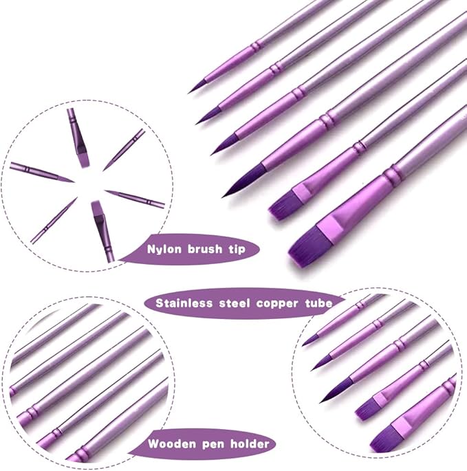 Acrylic Paint Brush Set, 6 pcs Watercolor Brushes, Painting Brush Nylon Hair Brushes for All Purpose Oil Watercolor Painting Beginner Kits (6, Purple)