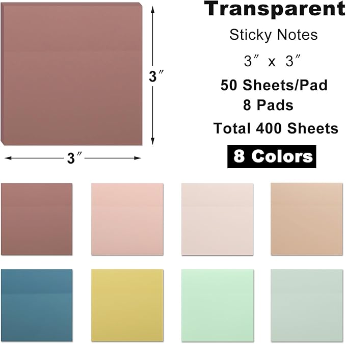 8 Pads Transparent Sticky Notes, 3x3 inch Pastel Clear Sticky Notes, 400 Sheets Self-Adhesive Waterproof Translucent See Through Sticky Note for Annotation College School and Office Supplies