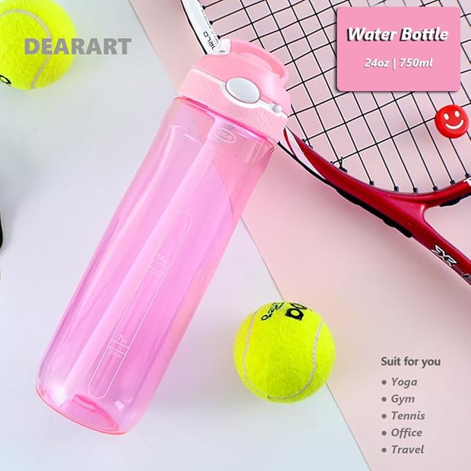 DEARART 2-Pack 24oz Pink & Dark Cyan Water Bottles With Straw, Leakproof BPA FREE Hidden Nozzle, Flip Up Lid Has Handle Wide Bottle Easy Clear, Suit Office Yoga Outdoor Sports Travel Gym.