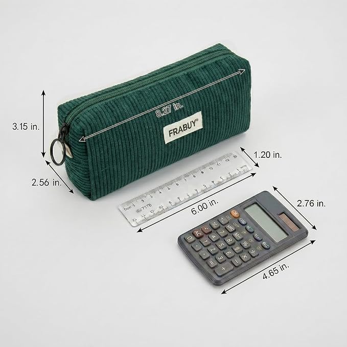 Soft Corduroy Pencil Case Pen Pouch Organizer, Small Stationery Bag | Cute dark green pencil pouch, smooth zipper, daily cosmetics holder, compact organizer for school teen girls, women