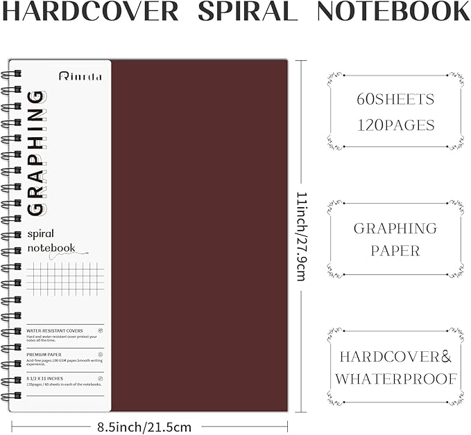 Graph Paper Notebook Spiral Notebook 8.5" x 11"-4 Pack Grid Paper Notebook Engineering notebook 120 Pages 100 GSM Graphing Paper Notebook Hardcover Journal for School (GRAPH, Mult-color)
