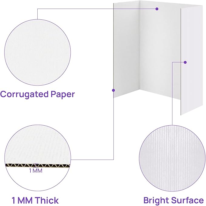 9 Per Pack Trifold Poster Board, 24" × 16" Inch White Cardboard Sheets for School Projects, Science Fair, Business Events