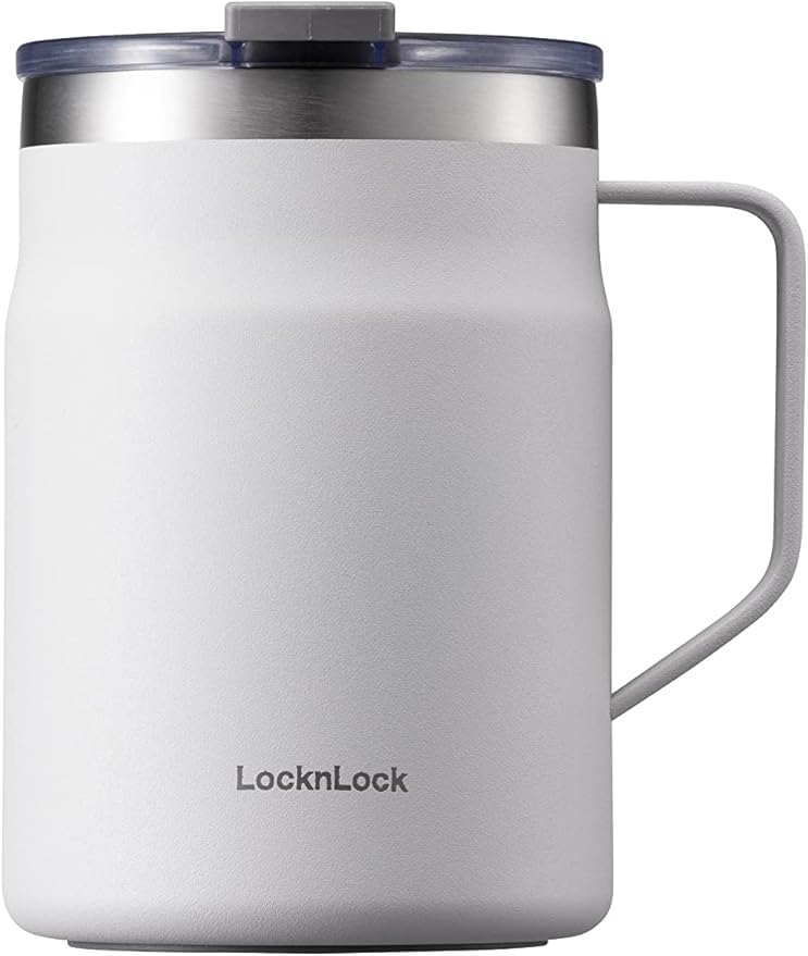 LocknLock Metro Mug, Premium 18/8 Stainless Steel Metal, Double Wall Insulated, Portable Coffee Cup with Lid and Handle for Hot and Cold Drinks, Off White, 16 oz