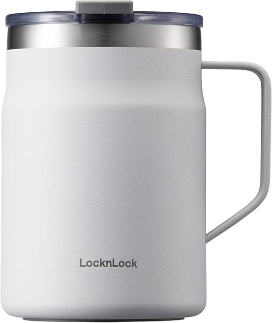 LocknLock Metro Mug, Premium 18/8 Stainless Steel Metal, Double Wall Insulated, Portable Coffee Cup with Lid and Handle for Hot and Cold Drinks, Off White, 16 oz