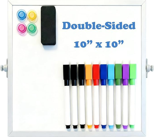 Small Desk Dry Erase Board with Stand, 10" x 10" Magnetic Double-Sided Desktop Whiteboard, 10 Markers, 4 Magnets & 1 Eraser, Portable Mini Whiteboard for Office, Kitchen, Home, School
