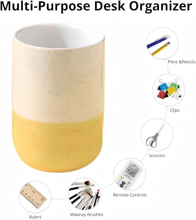 Cute Ceramic Pen Holder for Desk Office Supplies Cubicle Decor Kawaii Workspace Accessories Boho Makeup Organizer for Women Girls Pencil Cup Aesthetic Caddy for Home Office (Yellow)
