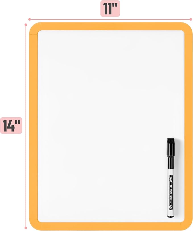 Mr. Pen- Dry Erase Board, 14” x 11” with a Black Dry Erase Marker, Orange Frame, Small Mini White Board for Students, Fridge, Wall, Locker, Includes Double Sided Tapes