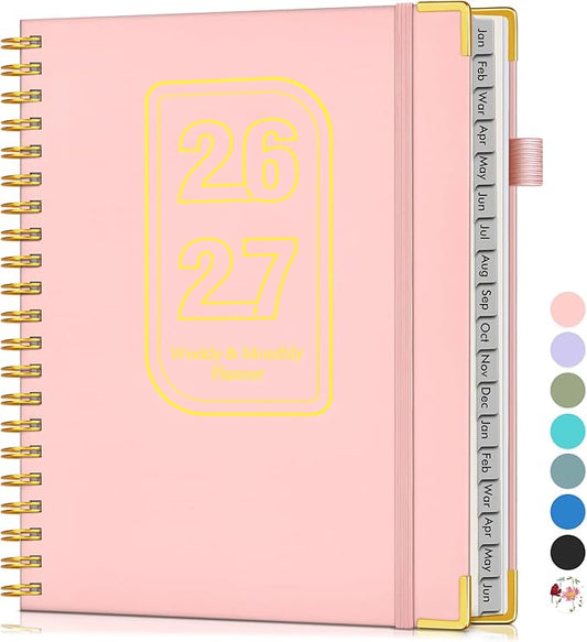 Planner 2026-2027, 18 Months Weekly and Monthly Hardcover Planner, January 2026 - June 2027, 8.5" x 11" A4 Large Daily Calendar Planner Book with Tabs, Spiral Yearly Agenda Organizer Notebook for School Work Home, Pink