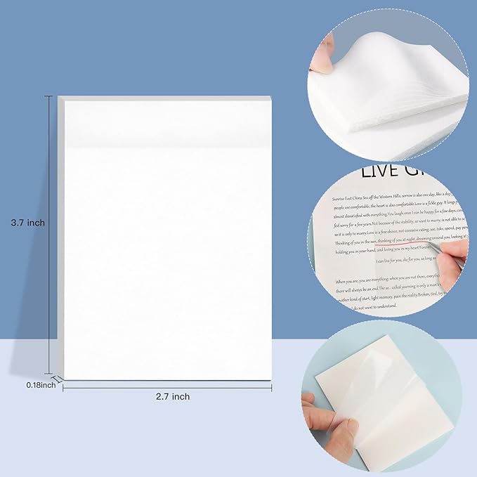 150 Sheets Clear Transparent Sticky Notes 3.7"x 2.7", Waterproof, Self-Stick Notes, Easy to Post for Office, Home, Notebook, Meeting, Office Supplies, Suitable for Most Pens