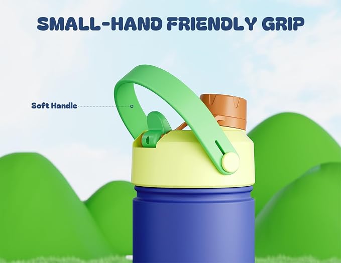 12 oz Kids Insulated Water Bottle: 2-in-1 Straw Spout Lid, Leakproof, BPA-Free, Cold 24H, Car Cupholder Friendly, Stainless Steel Cup for School, Trip, Birthday Gift for Boys Girls (Denim Jungle)