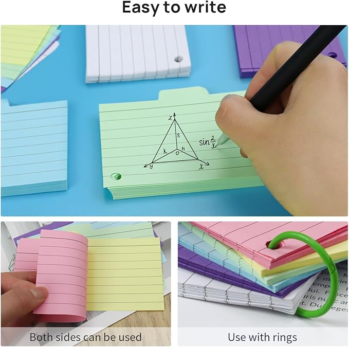 300 Pack Index Cards, 3" x 5" Ruled Index Cards with Ring, Colored Lined Flash Cards, Both Sides Note Cards Study Cards, Memo Scratch Pad for Office School Home (6 Colors)…