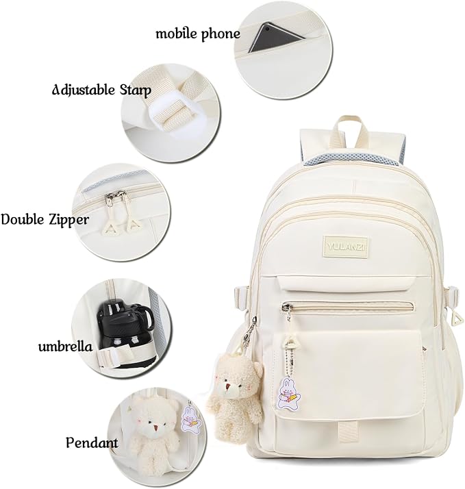PRLINJSK Girls Backpack for College High Middle School Student, Cute Aesthetic Bookbag for Teens Women with Accessories,Beige