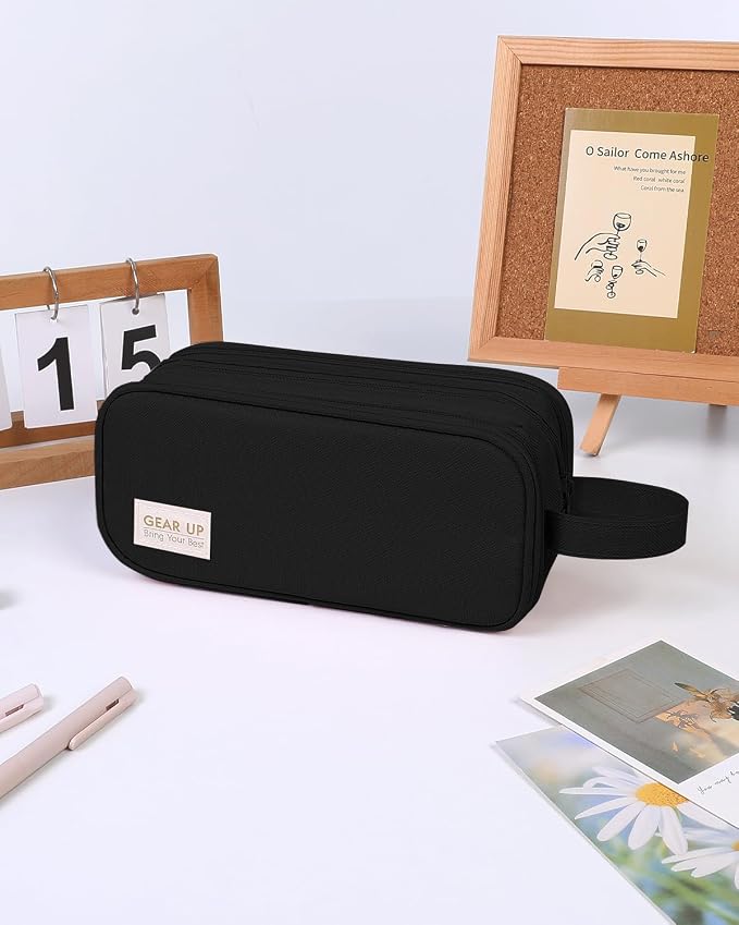 SKYDUE Large Capacity Pencil Case with Handle, 3 Compartment Canvas Pencil Pouch, Cute Soft Color Pencil Bag for Pens, Markers, Aesthetic Stationery and Organizer for Teen Girls Adult, Black