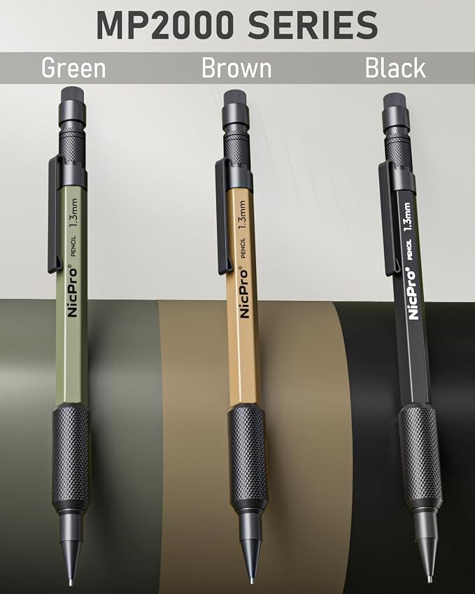 Nicpro 21PCS 1.3 mm Mechanical Pencil Set in Leather Bag with 138 Leads | 3 Erasers, Eraser Refills Weatherproof Metal Barrel, Heavy Duty Carpenter Pencil for Outdoor Marking Drawing Woodworkin