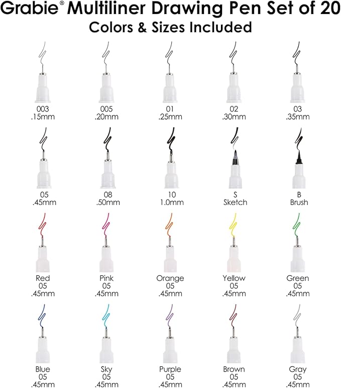 Grabie Micro Finerliner Pens, 20 Multicolor Fine Line Waterproof Drawing Pens, Assorted Point Sizes for Sketching, Illustration, Journaling, Art Supplies