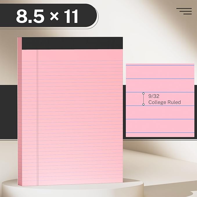 AILZFEI 8.5 x 11 Inch Pink Legal Pads, 6-Pack College Ruled Paper Note Pads Narrow Ruled Notepad Perforated Writing Pad 8.5x11 Pads of Paper 300 Sheets