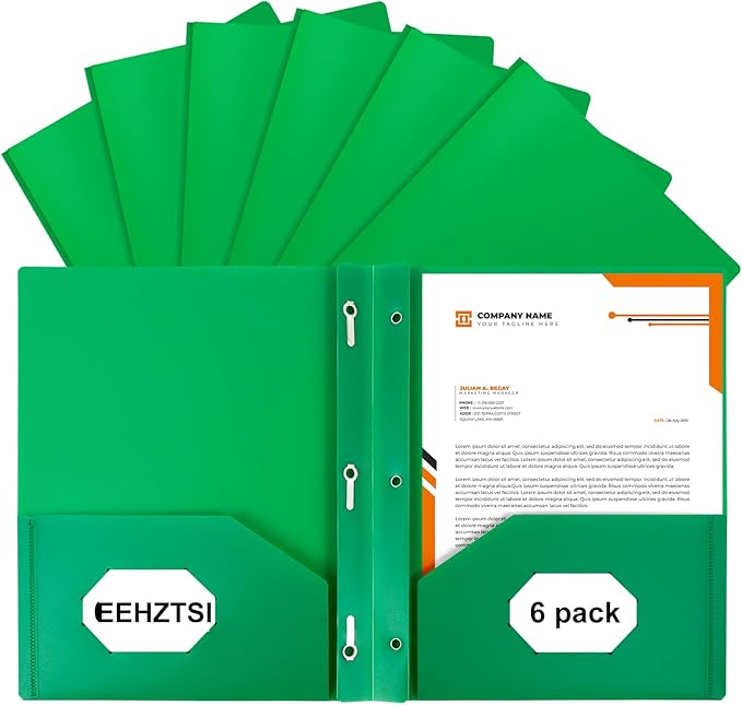 6-Pack Green Plastic Folders with Pockets and Prongs,2-Pocket Folders with 3 Fasteners, Holds US Letter Size Paper for School/Office/Home