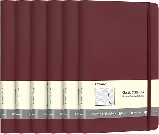 Comix 6 Pack Lined Journal Notebooks, 240 Pages, 5.5 x 8.3 inch, Burgundy, A5 Medium Hardcover Notebooks, Classic College Ruled Notebooks for Writing