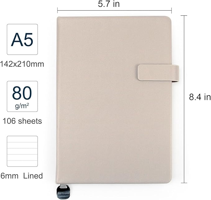 A5 Hard Cover Notebook with Pen Holder, Gold Edges & 180° Lay Flat - Large 5.7x8.4 Lined, Bookmark, Gift Box - Durable Journal for Office, Study, Travel - Writers, Students（Light Coffee）