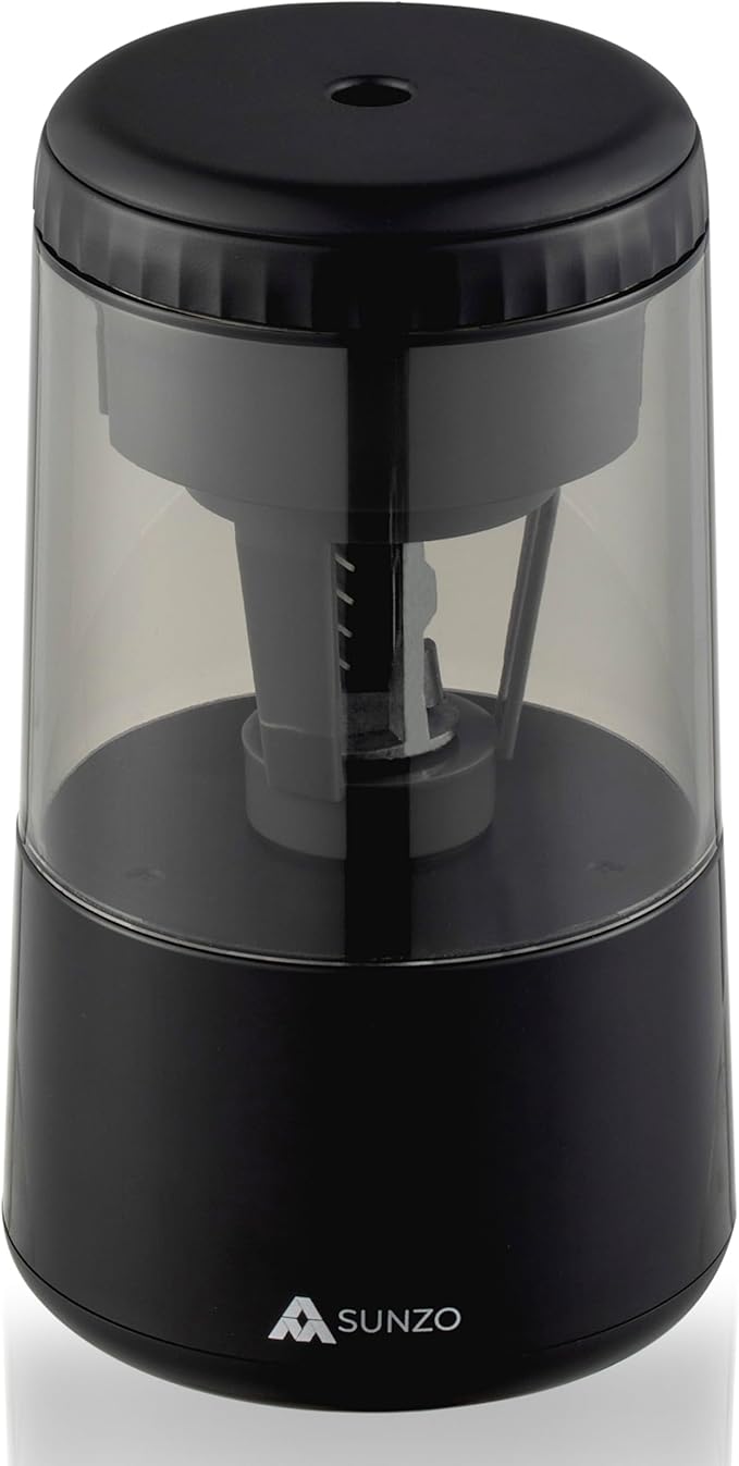 SUNZO Electric Automatic Pencil Sharpener, auto feed, hands free, electronic, rechargeable battery powered, small & portable, for colored pencil, for office & classroom (Black)