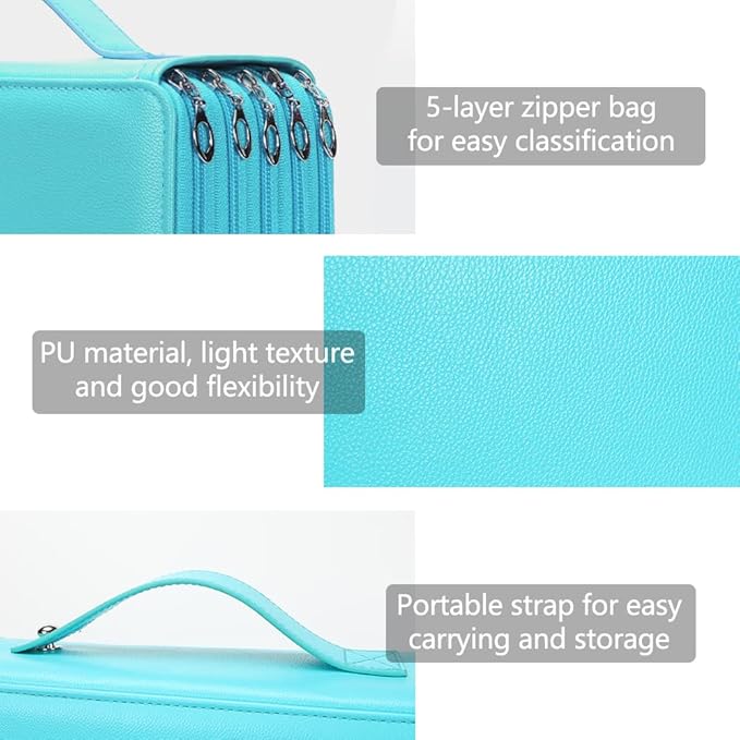 Vomgomfom 252 Slots Pencil Bag, 5-Layer Zipper Art Supply Organizer, PU Leather Portable Colored Pencil Case with Handle for 252 Watercolor Pens, Gel Pens (Green)