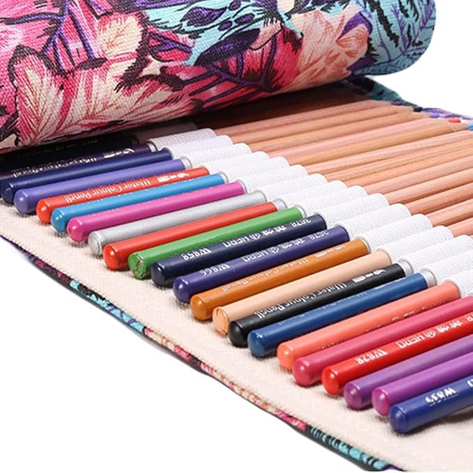 DIYOMR 12/24/36/72 Slots Pencil Wrap Pencil Rolls, Artist Colored Pencils Roll Up Bag Short Brushes Pouch Case Pencils Organizer for Drawing Coloring and Sketching, No Pencils (Maple Leaves, 12slots)