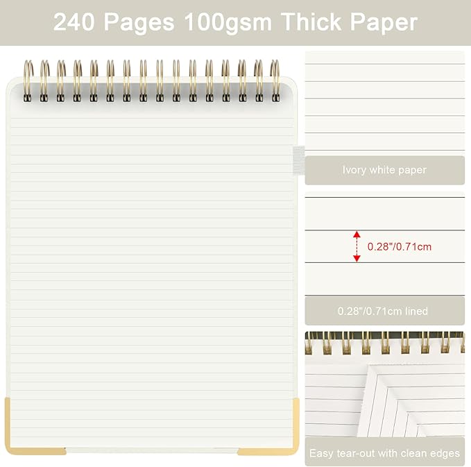 Aesthetic Top Spiral Notebook, A4 Large Linen Hardcover Top Bound Steno Pads, 240 Pages 100gsm Thick Lined Paper Left Handed Notebook Journal for Work, School, Church Writing - Beige, 8.5" x 11"