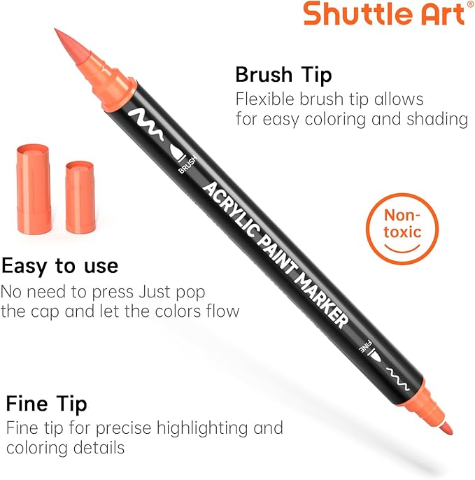 Shuttle Art 28 Colors Dual Tip Acrylic Paint Markers, Brush Tip and Fine Tip Acrylic Paint Pens for Rock, Ceramic, Wood, Canvas, Plastic, Glass, Stone, Calligraphy, Card Making, DIY Crafts