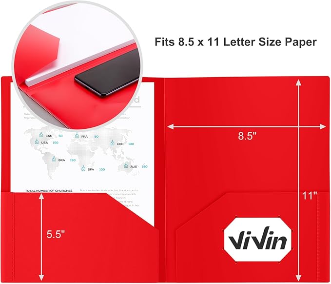 ViVin 12-Pack Sturdy Plastic Folder with Pockets, Poly Folders with 2 Pocket, Plastic Pocket Folder with Business Card Slot, for School, Home, Office (Red)