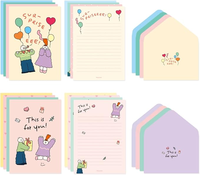 Monolike Olly Molly Birthday Letter Paper and Envelopes Set - 8Type, 32 Letter Paper + 16 Envelopes