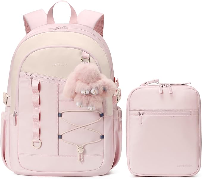 LOVEVOOK School Backpack for Girls, Large Capacity 16 Laptop Backpack with Insulated Lunch Box & Tumbler Pockets, Multi-Compartment Bookbag, Water-Resistant Travel Backpack, Pink