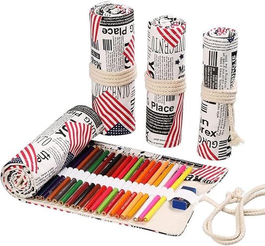 DIYOMR 12/24/36/72 Slots Pencil Wrap Pencil Rolls, Artist Colored Pencils Roll Up Bag Short Brushes Pouch Case Pencils Organizer for Drawing Coloring and Sketching, No Pencils (Flag, 12slots)