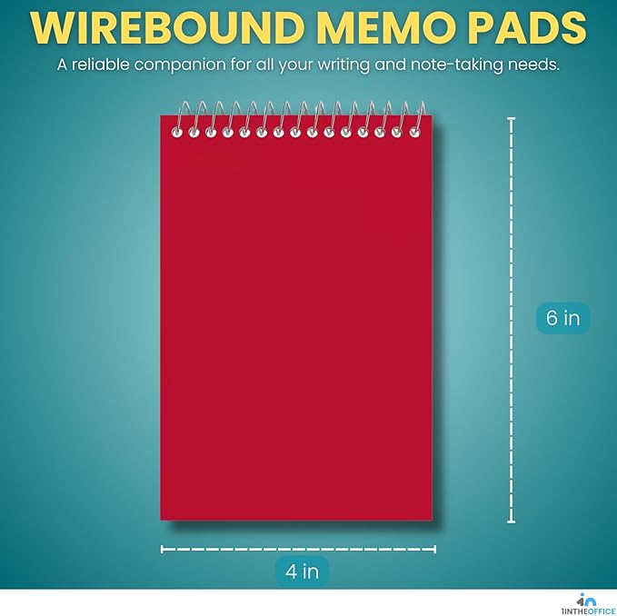 1InTheOffice Wirebound Memo Pads, 4" x 6", College, Assorted, 50 Sheets/Pad, (5 Pads)