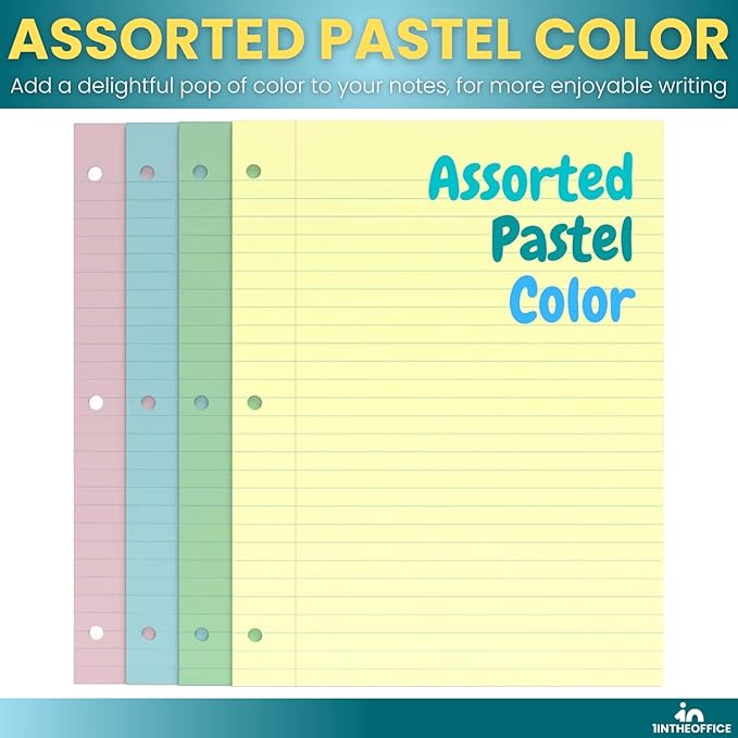 1InTheOffice Loose Leaf Paper Wide Ruled, Pastel Binder Pape, 8" x 10.5", Loose Leaf, 300 Sheets