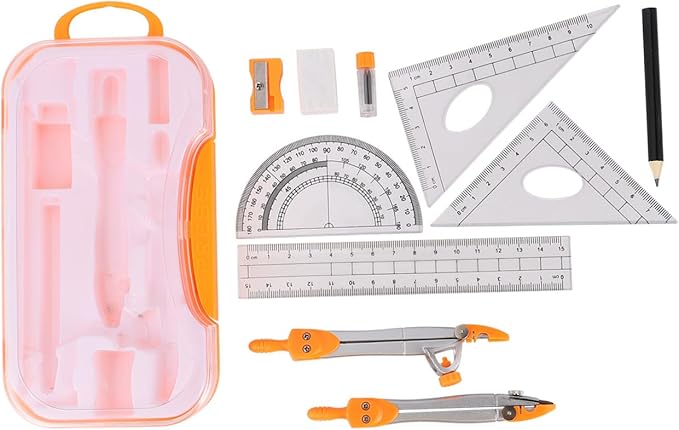Metal Drawing Compasses Set 10pcs Geometry Ruler Kit with Protractor and Pencil for Student Math Learning and Geometry Drawing Tools Random Color