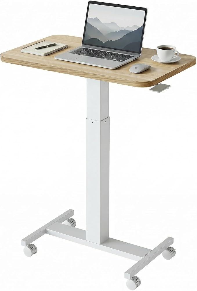 HUANUO Small Rolling Laptop Standing Desk, Height Adjustable Mobile T-Base Desk with Lockable Casters, Portable Sit-Stand Workstation for Bedside & Sofa, Light Walunt