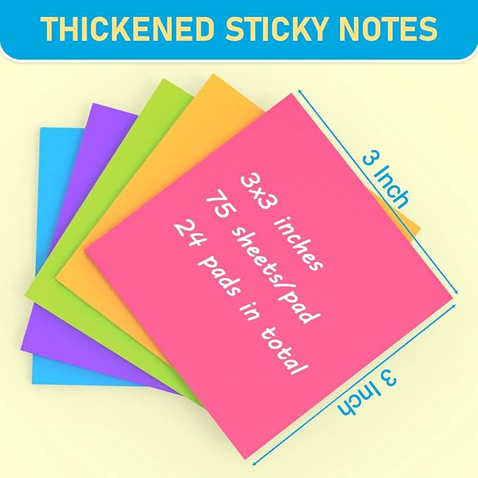 (24 Pads) Sticky Notes 3x3 Inch, 75 Sheets/Pad - Colorful Self-Stick Memo Pads, Thick Paper, Smooth Writing, Easy to Stick & Remove for Office, School & Home