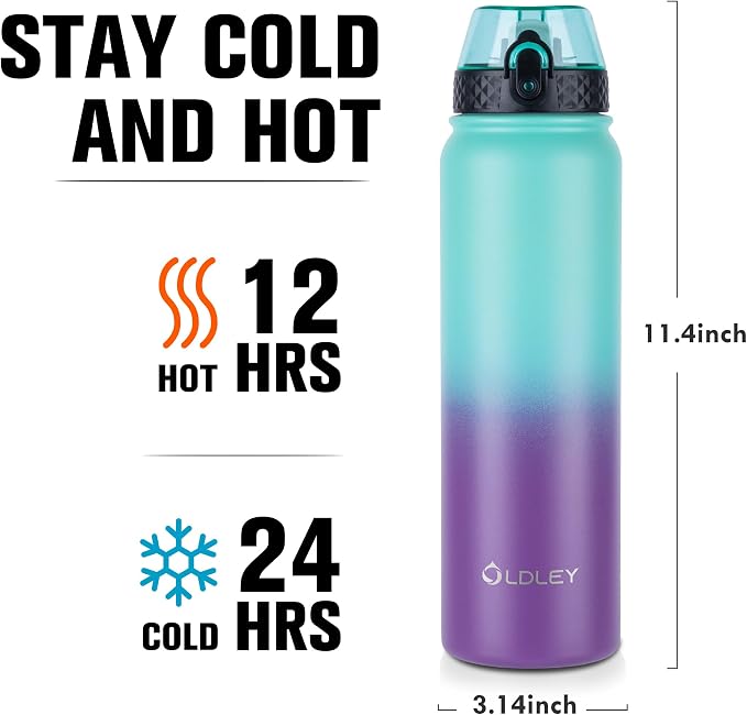 Oldley Insulated 32 oz Stainless Steel Water Bottle with Straw Lid & Chug Lid, Double Wall Vacuum Wide Mouth Sweat/Leak-Proof for Sports, Gym, Travel, Camping (Green-Purple)