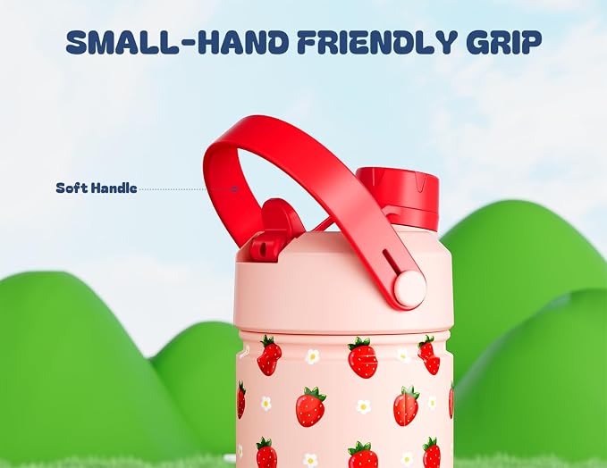 12 oz Kids Metal Water Bottle: 2-in-1 Straw Spout Lid, Spill-Proof, Easy Clean, Keep Cold 24H, Backpack Friendly, BPA-Free Stainless Steel Cup for School, Daycare, Playtime, Gift (Strawberry Daisy)