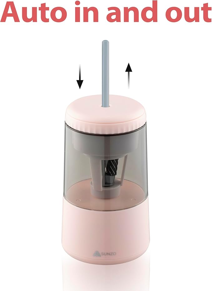 SUNZO Electric Automatic Pencil Sharpener, auto feed, hands free, electronic, rechargeable battery powered, small & portable, for colored pencil, for office & classroom (Pink)