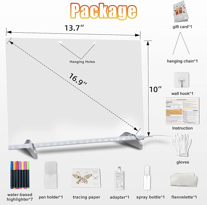 LED Note Board with Colors, 13.7"X10" 6 Modes & 8 Colors Acrylic Dry Erase Boards with Light, Led Drawing Board for Kids with Stand,Birthday Holiday Day Gifts for Girls & Boys Age 3+