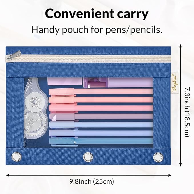 SKYDUE Pencil Pouch for 3 Ring Binder, 9.8" x 7.3" Clear Window Pencil Bag | Zipper Pencil Pouches for Girls Boys, Pencil Pouch with 3 Reinforced Grommets, Durable Organizer for School Supplies