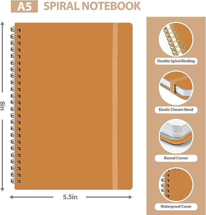 A5 Lined Spiral Journal Notebook, 146 Pages Hardcover Notebook with 100 GSM Thick Paper, Inner Pocket & Elastic Closure, 5.7" x 7.9", Notebooks for Work, School, College, Office, Journaling & Note Taking