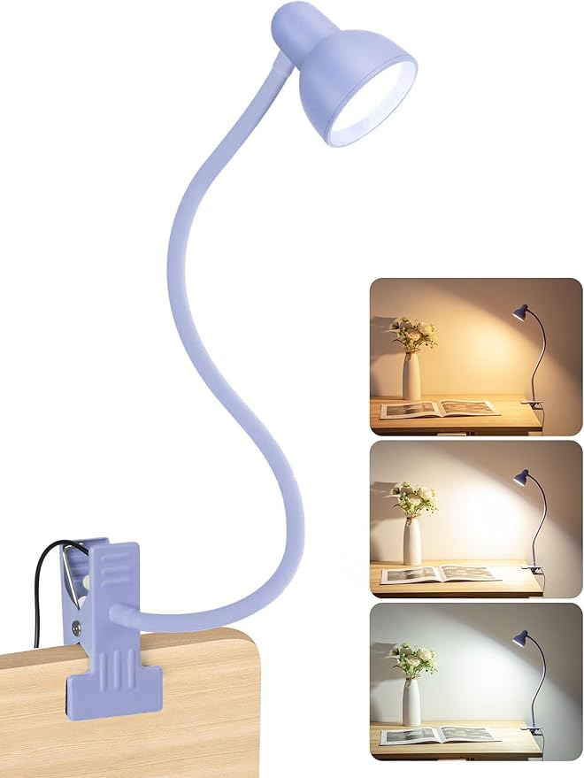 Clip on Lamp USB Reading Light, 3 Color Modes, 10 Brightness Dimmable, Flexible Gooseneck Desk Lamp with Clamp, Eye Care Clip on Light for Bed Headboard Desk Home Dorm Purple