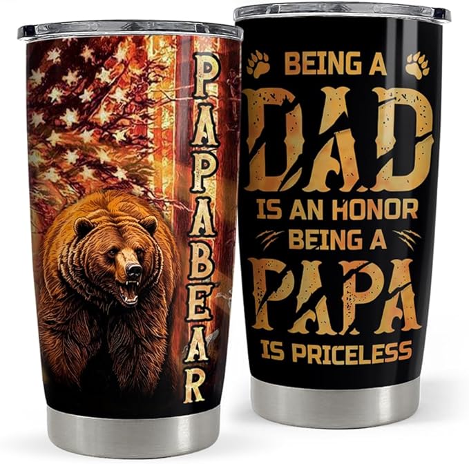 SANDJEST Dad Tumbler 20oz Stainless Steel Cup Papa Bear Insulated Travel Mug Dad Gifts from Daughter Son Gift for Dads Papa Father on Birthday Christmas Fathers Day