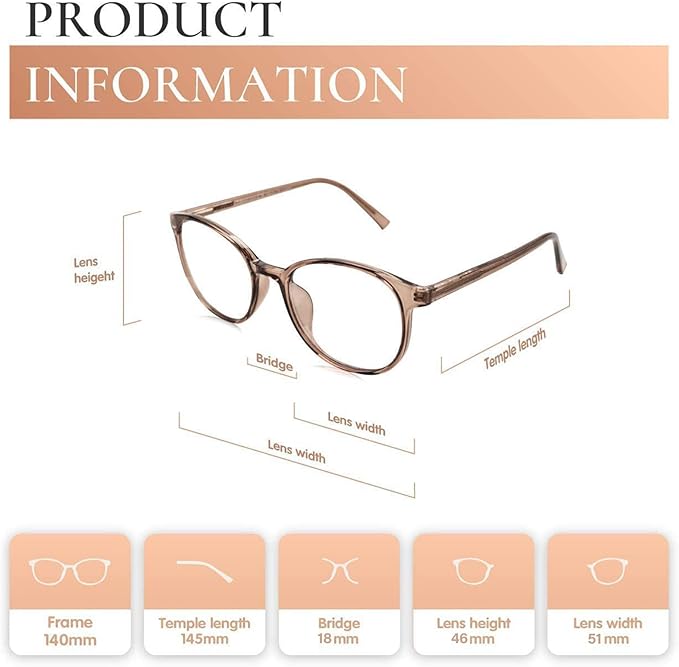 FONHCOO Stylish Blue Light Glasses Women Men Eyeglasses, TR90 Fashion Round Transparent Eye Glasses (Coffee)
